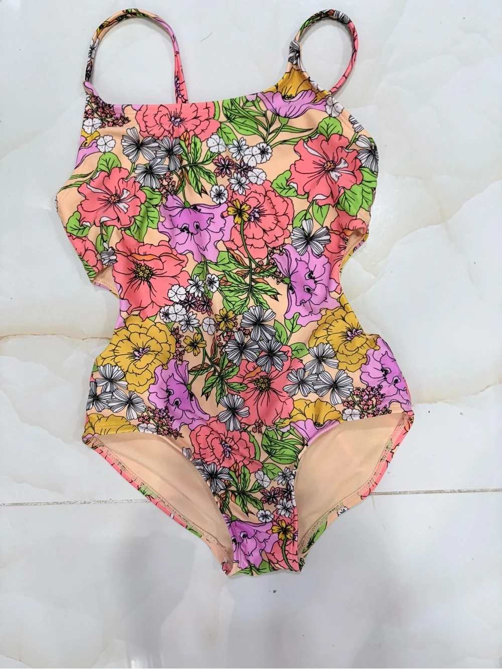 Girls 2 Piece Swim Set Cat & Jack Floral One Piece Art Class Rashgaurd Size 6/7